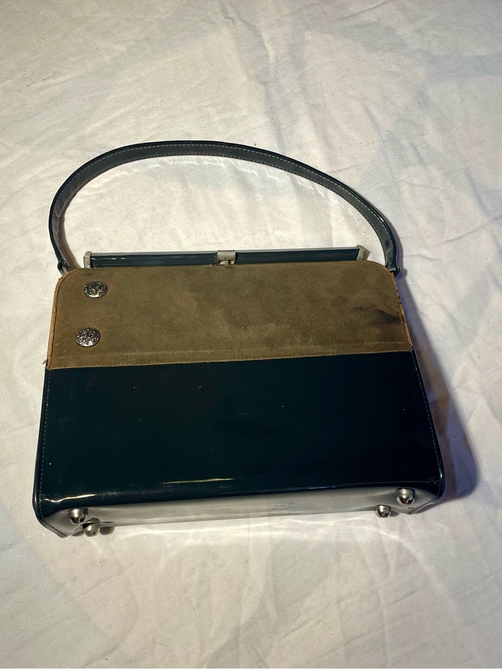 Classic Two-Tone Womens Handbag in Olive Brown and Black Patent Leather
